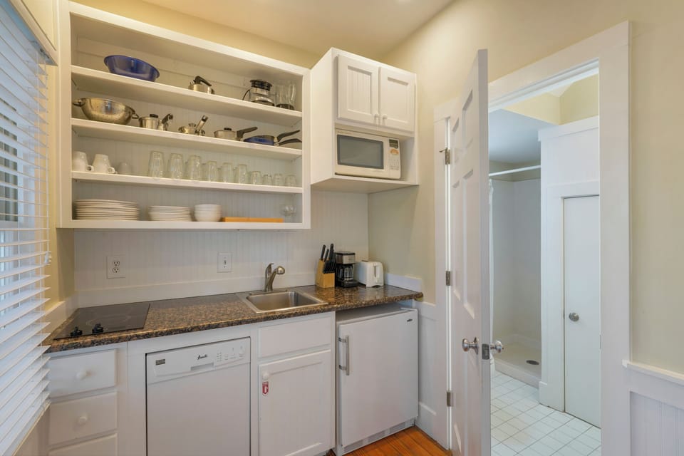 KITCHEN WITH FRIDGE, DISHWASHER, MICROWAVE, AND STOVE