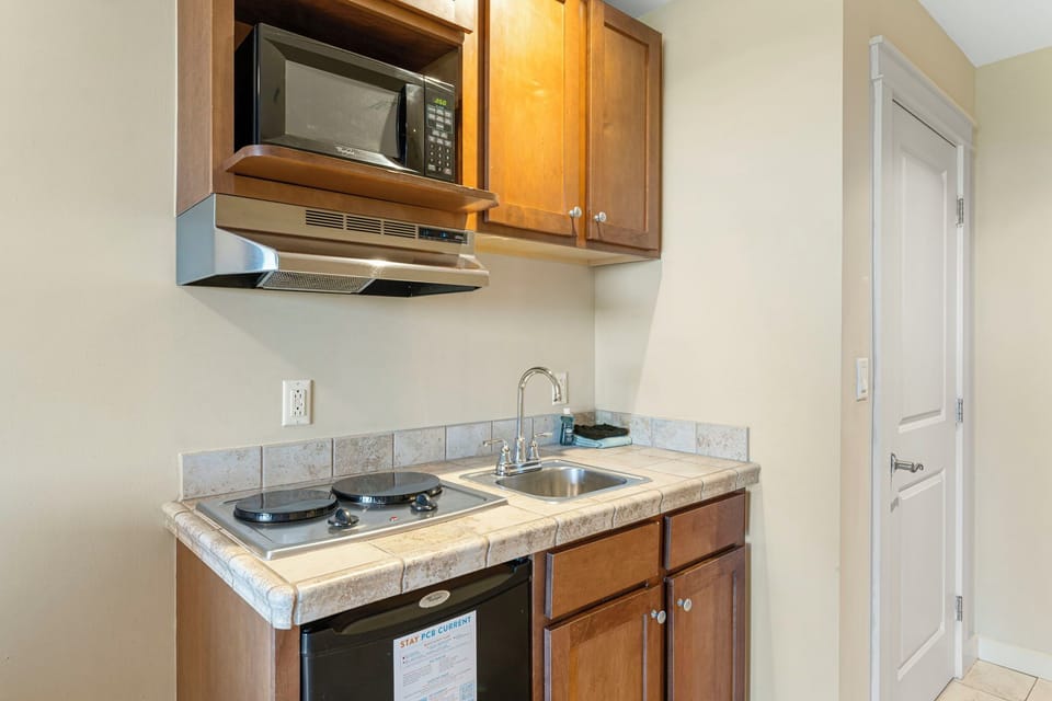 Compact kitchenette area with electric stove, microwave, and sink for convenient meal preparation.