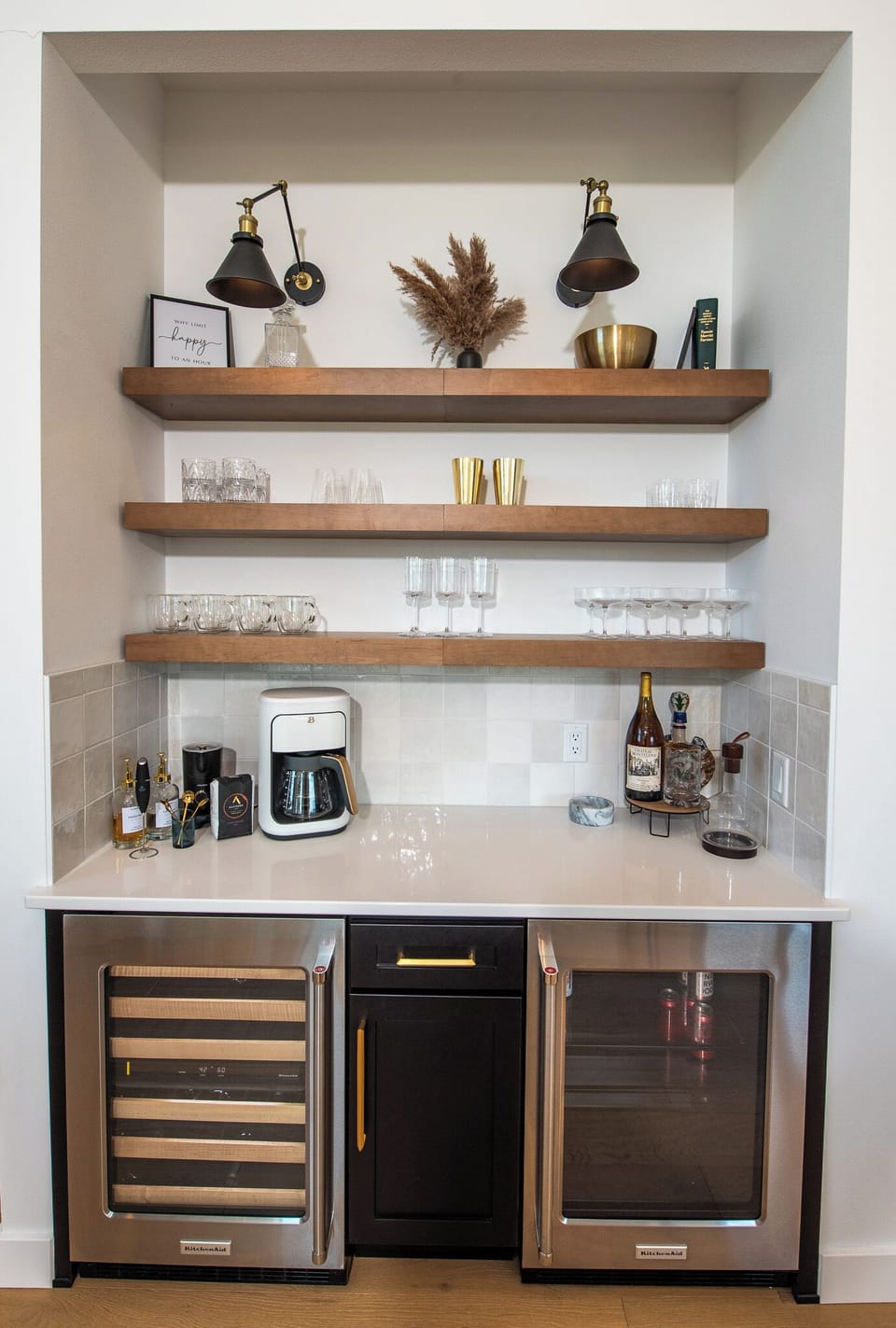 Coffee and wine bar with beverage fridge and dual zone wine cooler.  Jura Espresso maker and coffee beans provided.