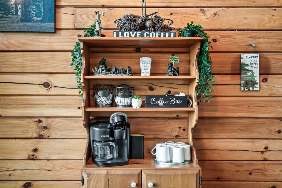 Fully equipped coffee & tea stations.  K-cups and grounds provided.