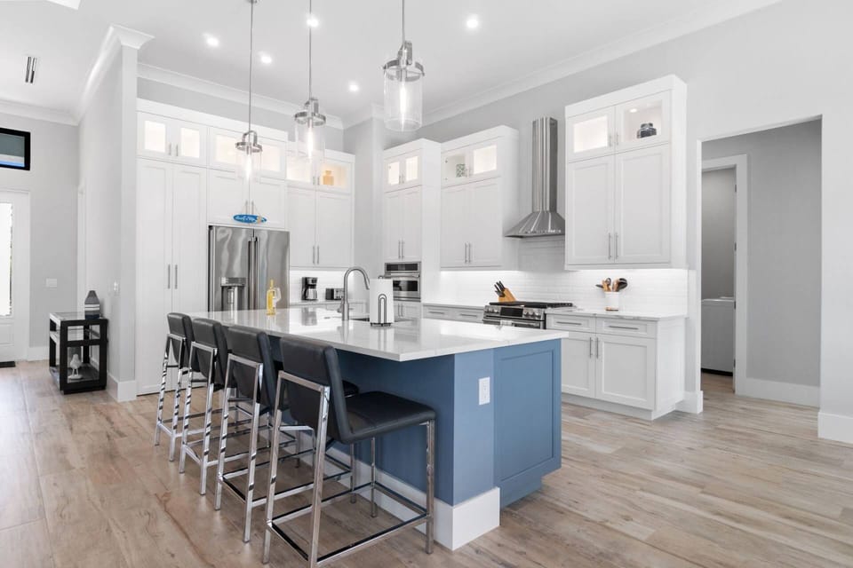 The kitchen offers ample storage and prep space.