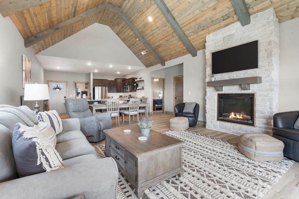 Electric fireplace in the living room. Another is in the King suite.