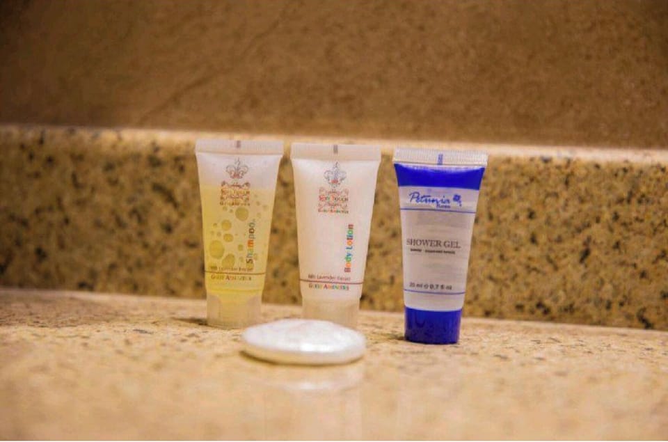 Shower, rainfall showerhead, free toiletries, hair dryer