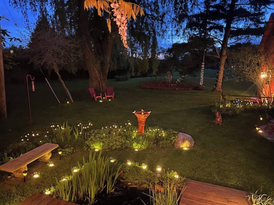 Different view of north side of yard from back deck at dusk!