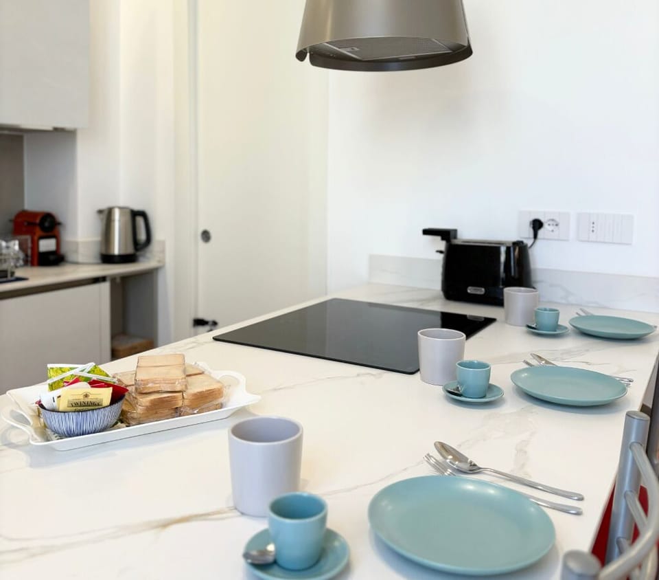 Breakfast served on the kitchen counter.