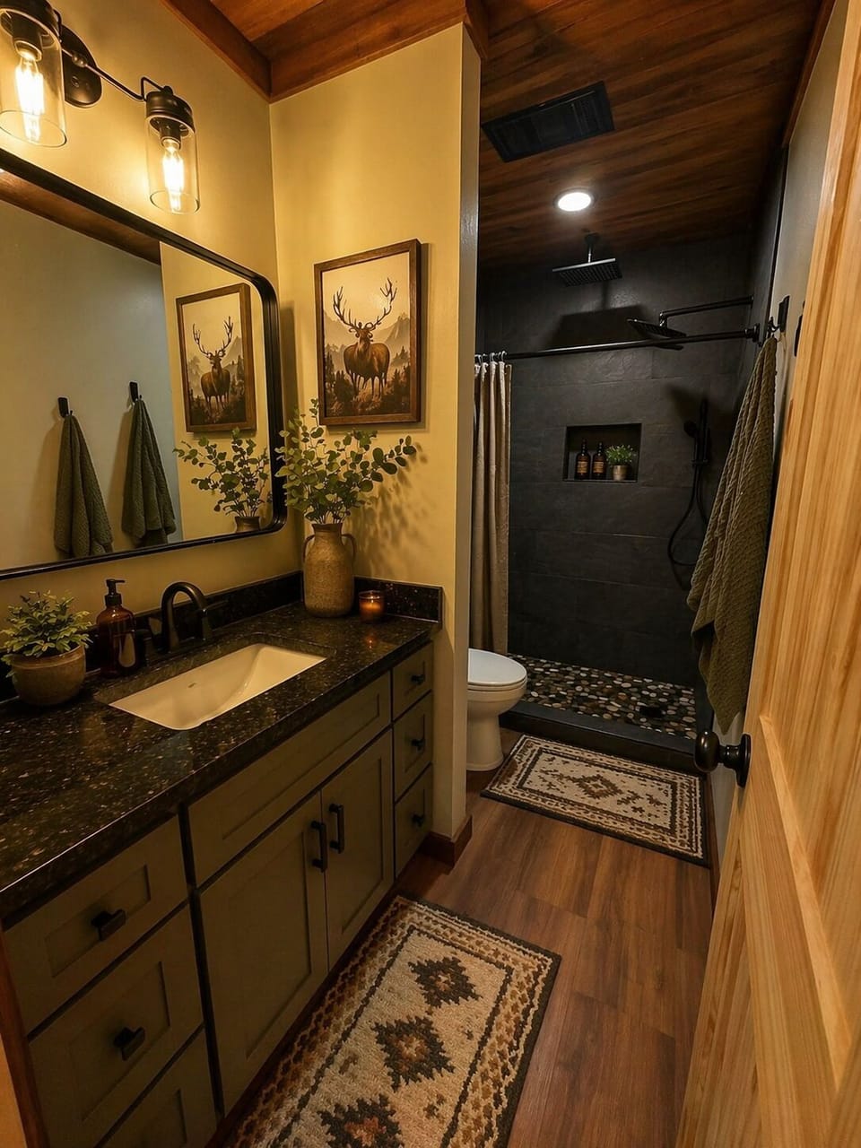 Full bathroom off the hall with a rain shower head.