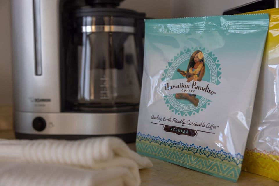 Fresh coffee setup w/ island roasts to kickstart your day.