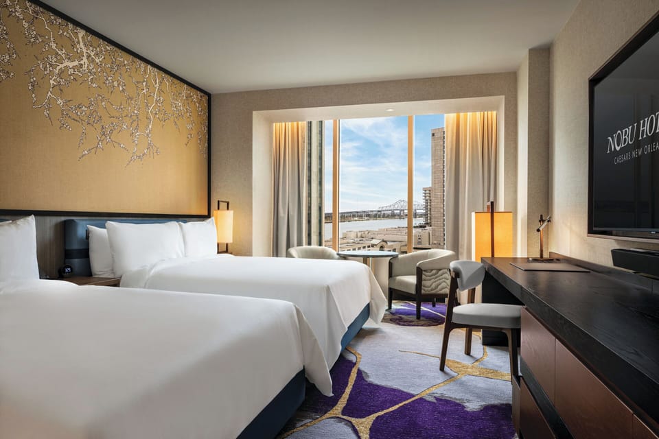 Nobu Luxury Room, 2 Queens, River View | Pillowtop beds, in-room safe, desk, laptop workspace