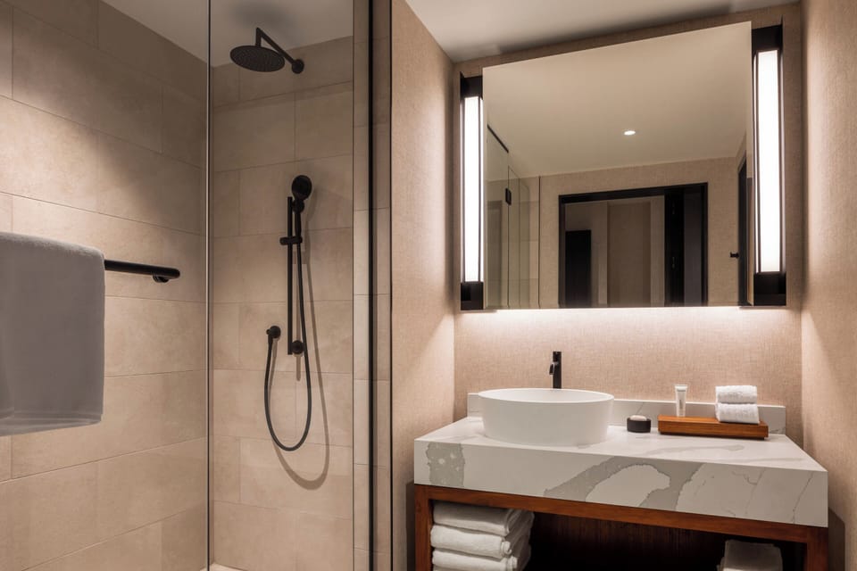 Separate tub and shower, free toiletries, hair dryer (on request)