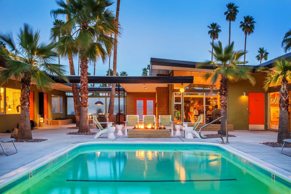 The heated, salt water pool at dusk.