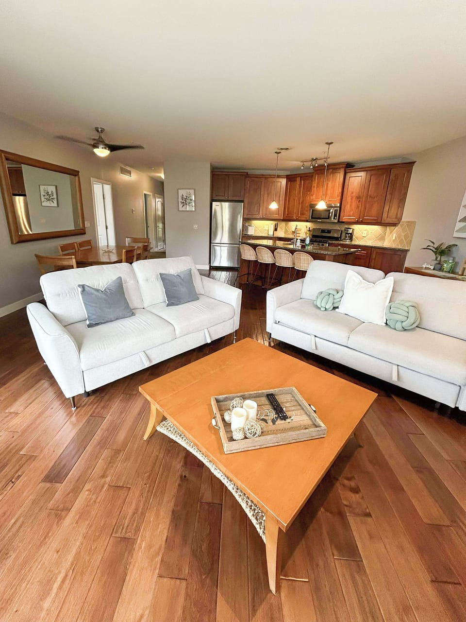 2 double pull out beds within the couches and fireplace in spacious living room