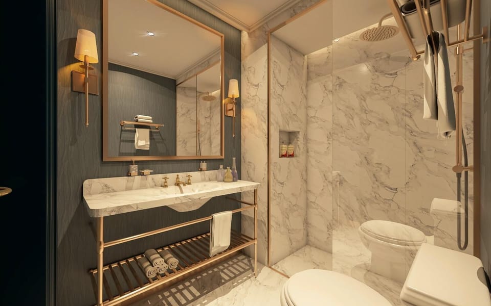 Shower, free toiletries, hair dryer, towels