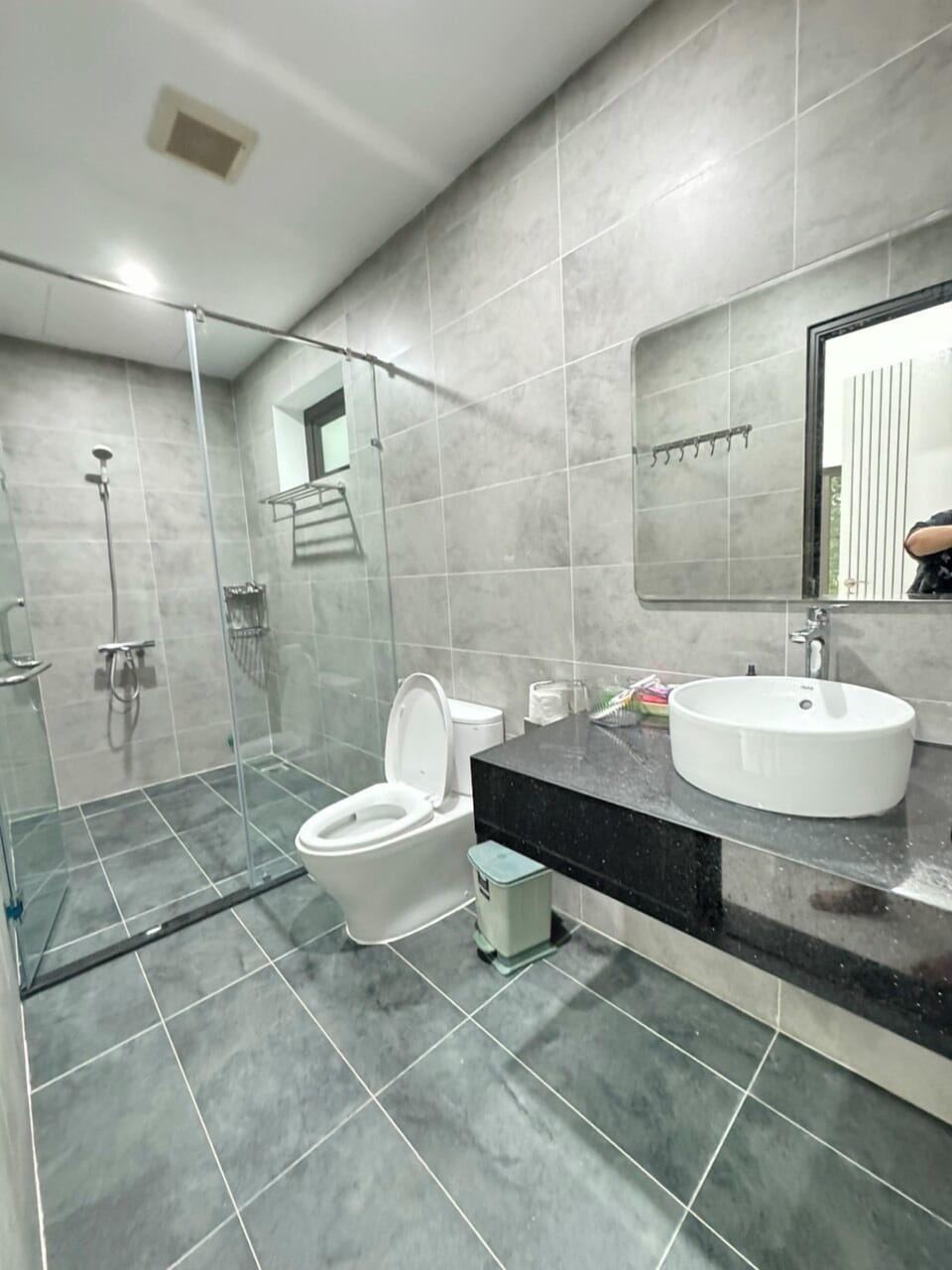 Shower, rainfall showerhead, hair dryer, slippers