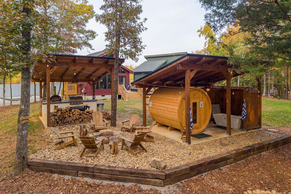 Our shared property amenities include an 8-person barrel sauna, cold plunge, gas fire pit, and fully equipped outdoor kitchen. Please be a good neighbor—our team ensures these areas are tidy each morning.