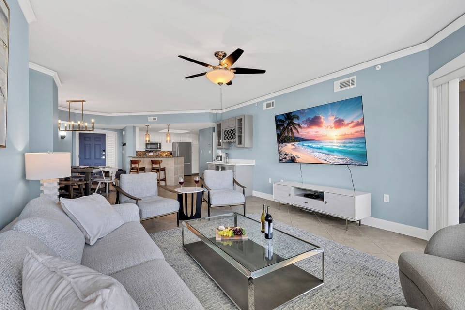 The open-concept design offers a cozy yet stylish area to unwind