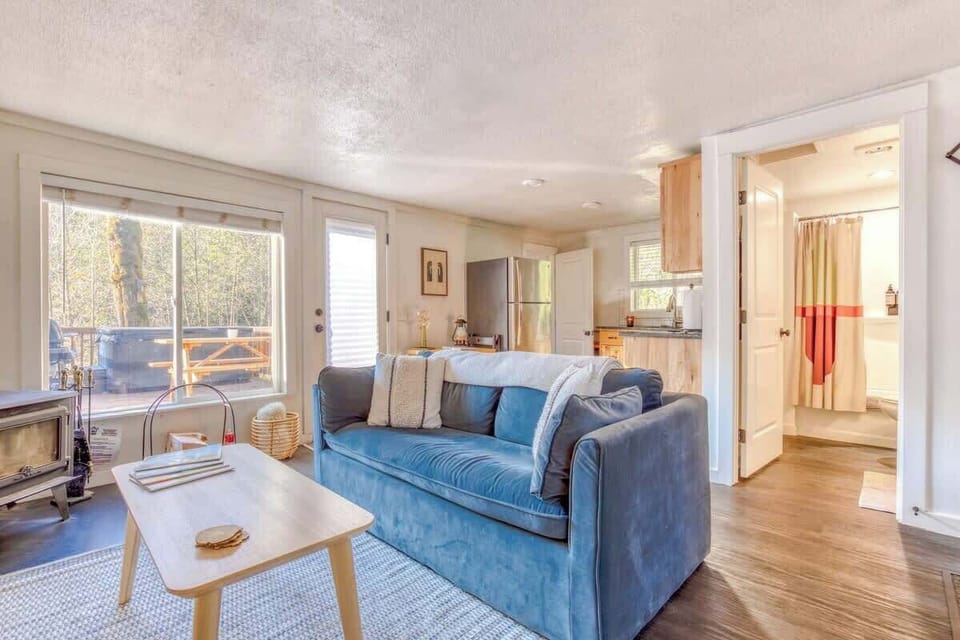 Cozy open-plan space with a soft blue couch, wood-burning stove, and easy access to the kitchen, bathroom, and a sunny outdoor deck.