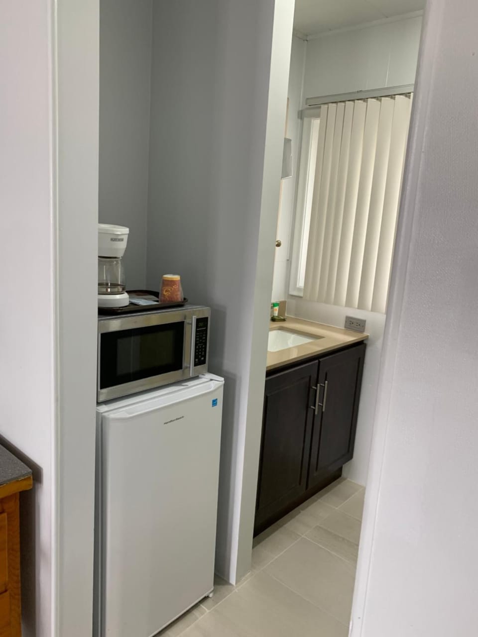 Fridge, microwave, electric kettle