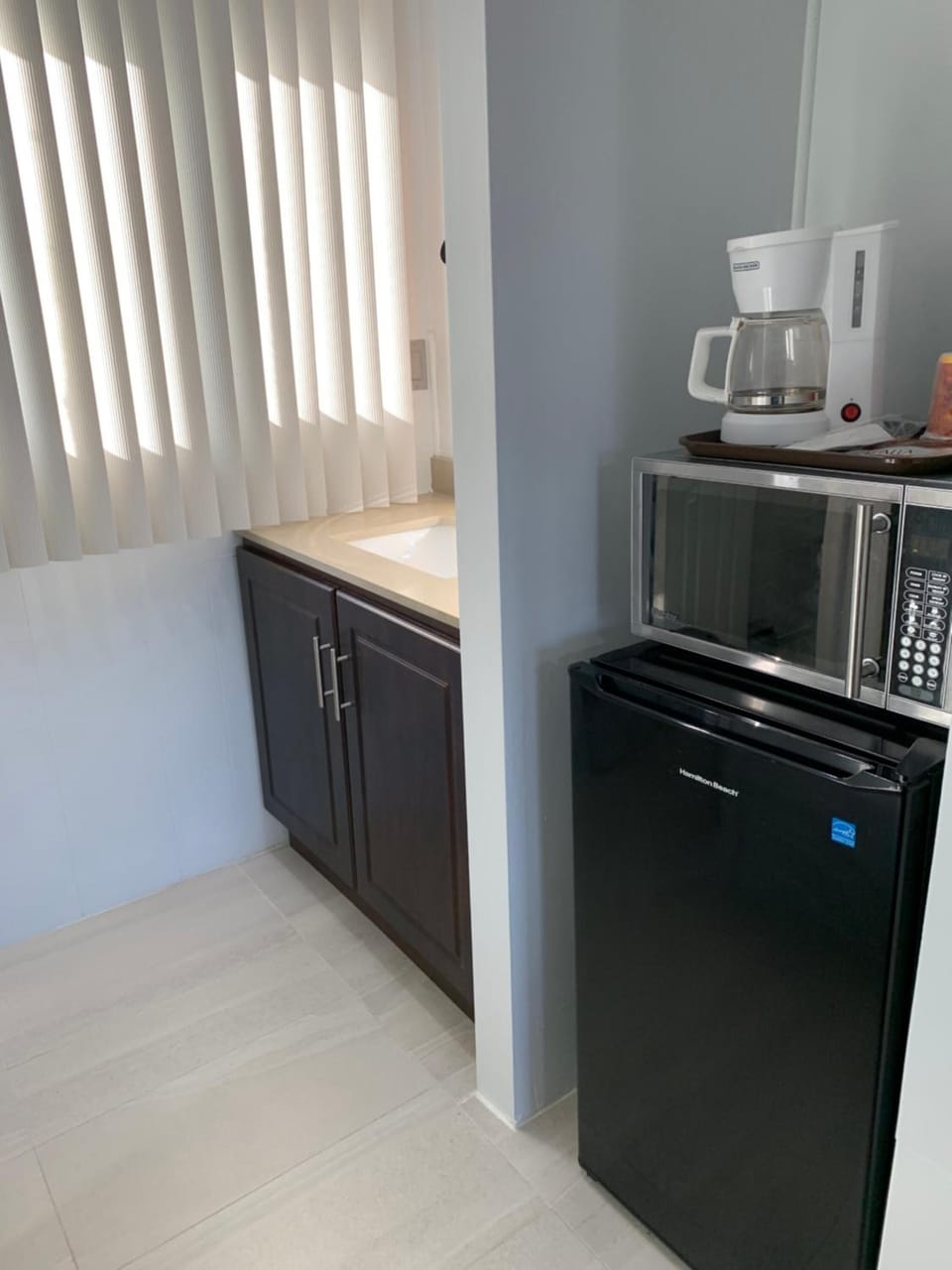 Fridge, microwave, electric kettle