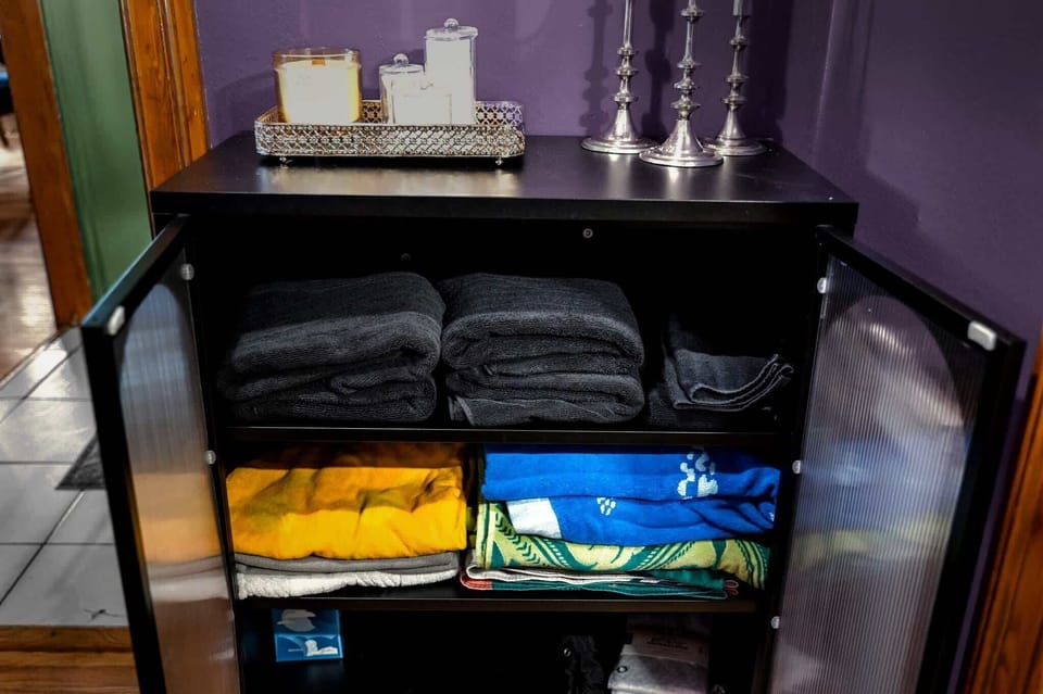 Full selection of towels, blow dryer, cuetips, cotton balls and cotton pads. 