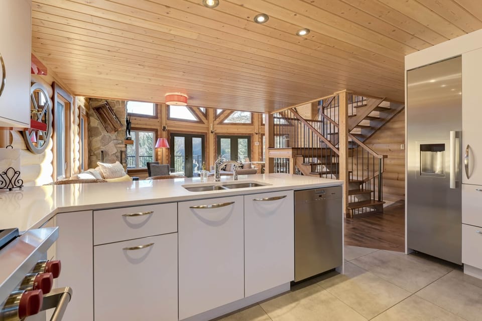 Kitchen with vertical freezer