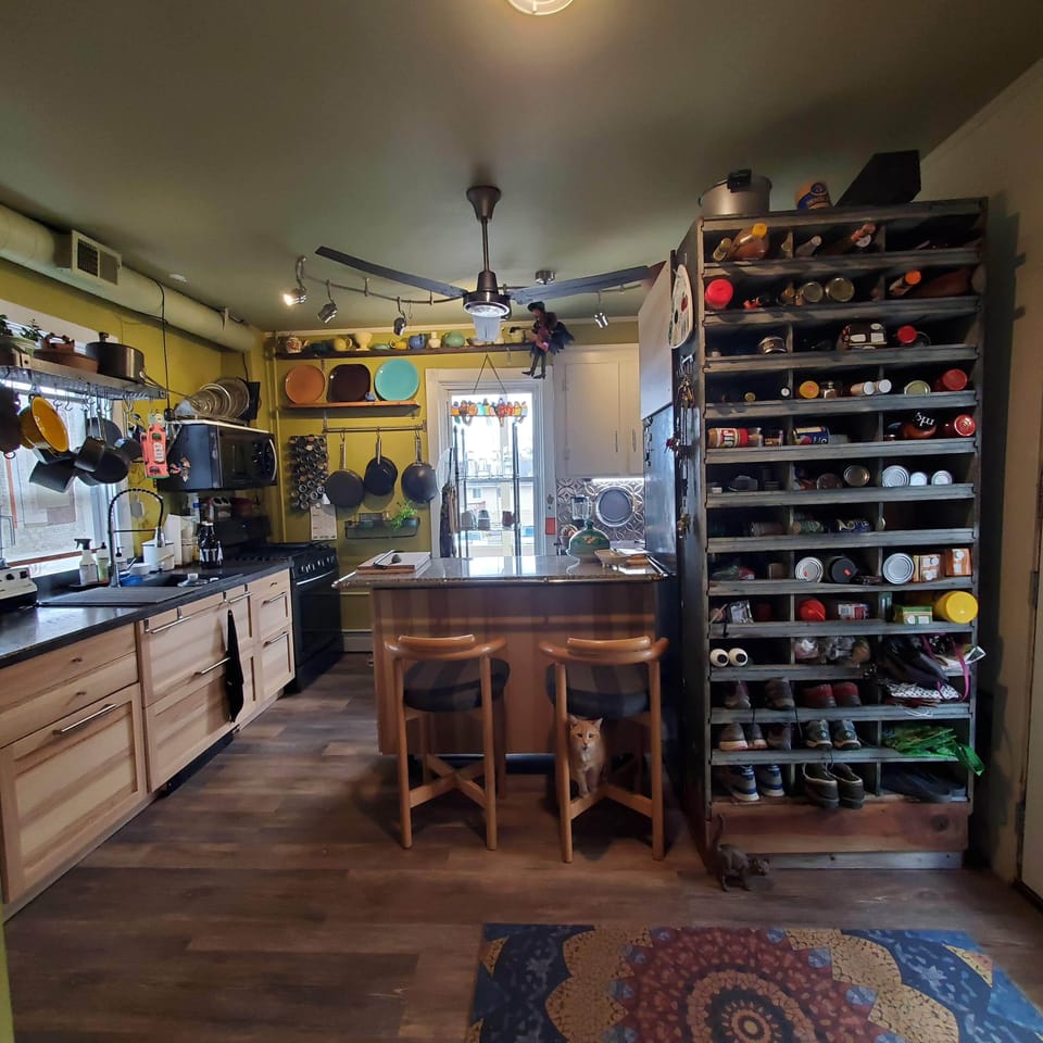 kitchen island, chicken roost pantry, vintage pottery