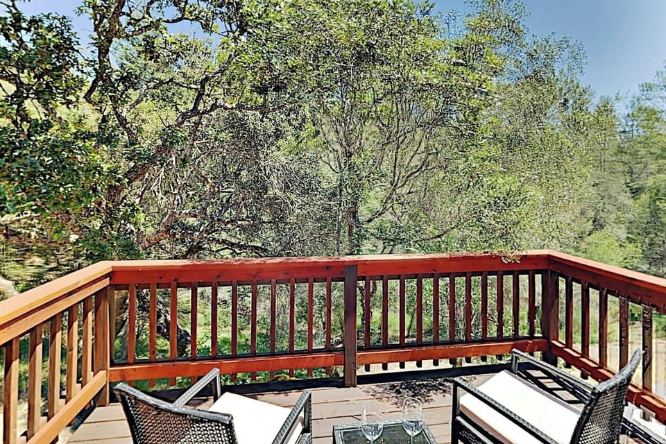 Private wood balcony with wicker chairs and a glass table set with wine glasses, overlooking a lush canopy of oak and willow trees. A serene treetop perch perfect for morning coffee or evening drinks.