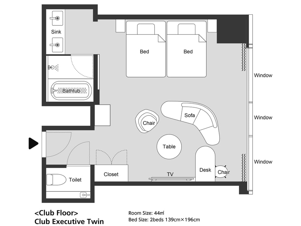 [Club Floor] Club Executive Twin | Down comforters, WiFi (free), bed sheets