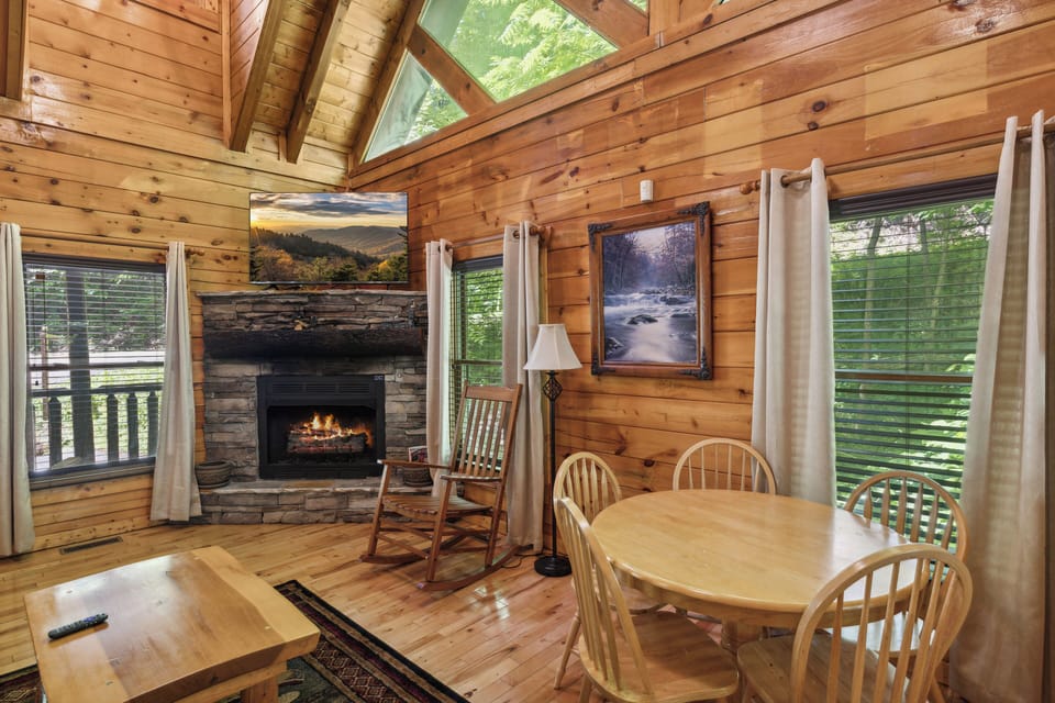 Cozy dining area and fireplace.