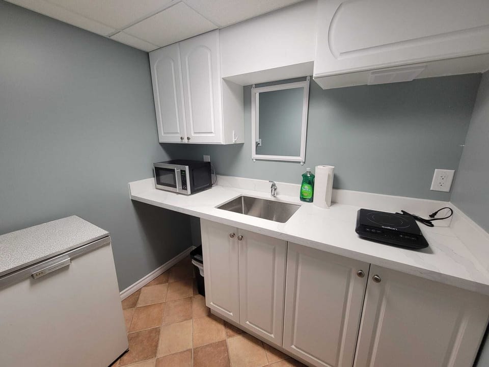 Kitchenette with a microwave & mini fridge.