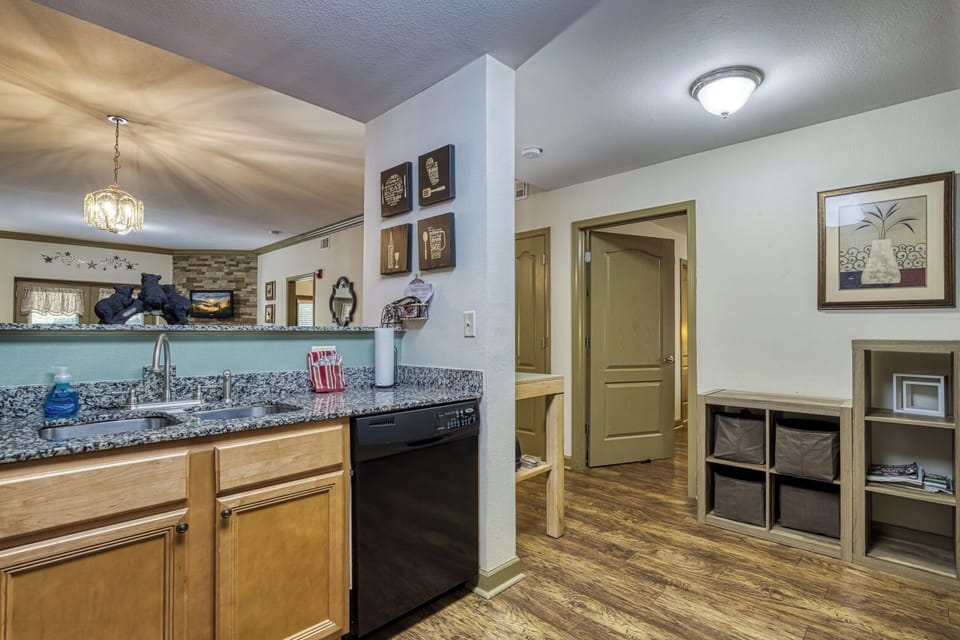 Kitchen, Granite Countertop, Dishwasher, Stainless Sink, Organizer Cubes, Art.