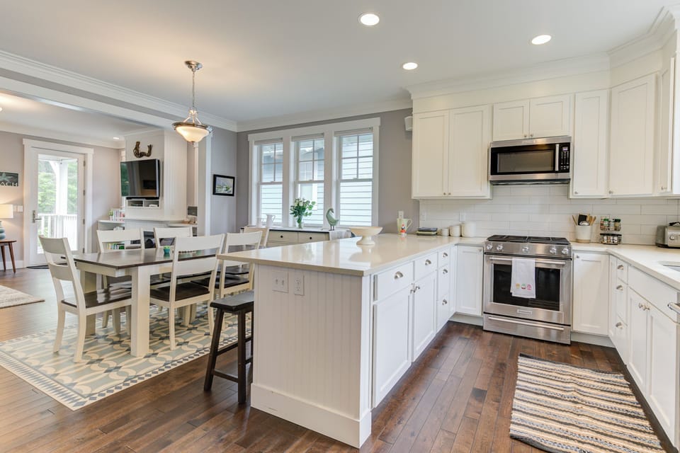 The kitchen is part of the open floor plan into the dining room seating. 