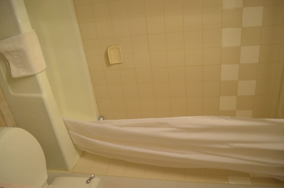 Combined shower/tub, deep soaking tub, free toiletries, towels