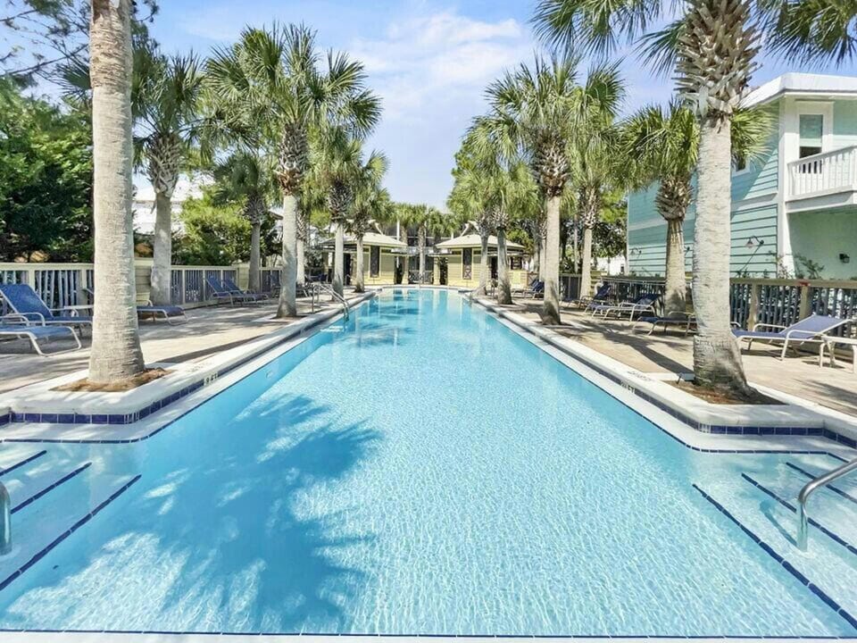 Outdoor pool, a heated pool, sun loungers