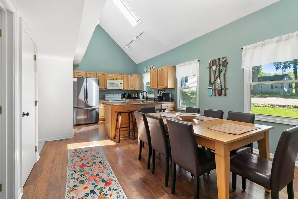 A fully stocked kitchen and dining area