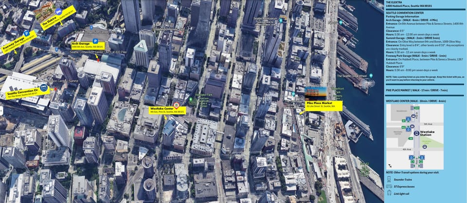 Downtown aerial view with points of interest w/ walk and drive  times.