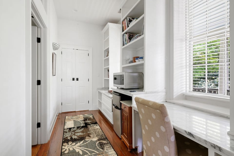 Mini fridge, microwave, and coffee maker