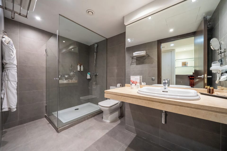 Hair dryer, towels, soap, shampoo