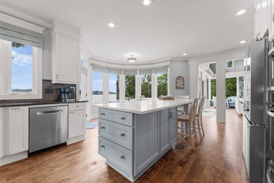 Fully stocked kitchen with large island seating for 6. 