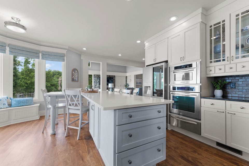 Fully stocked kitchen with large island seating for 6. 