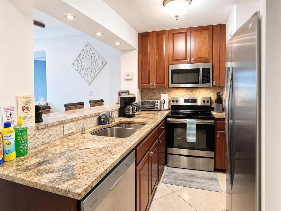 The kitchen is equipped with modern appliances
