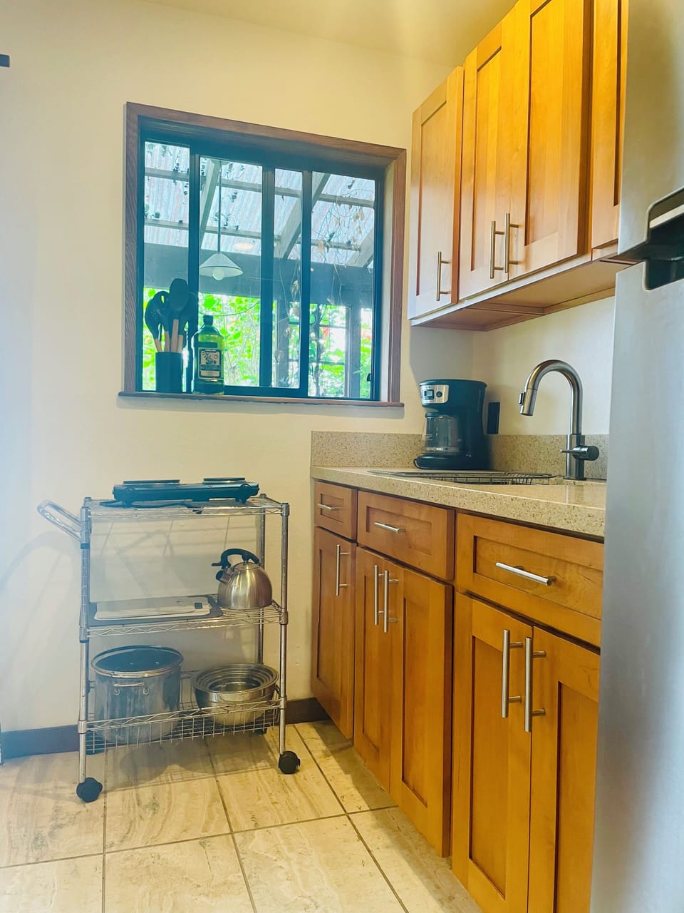 Kitchenette with full fridge/freezer and two burner electric stove.