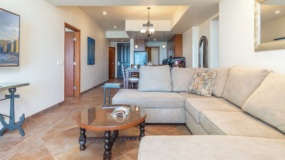 The living room flows into the dining area/kitchen.
