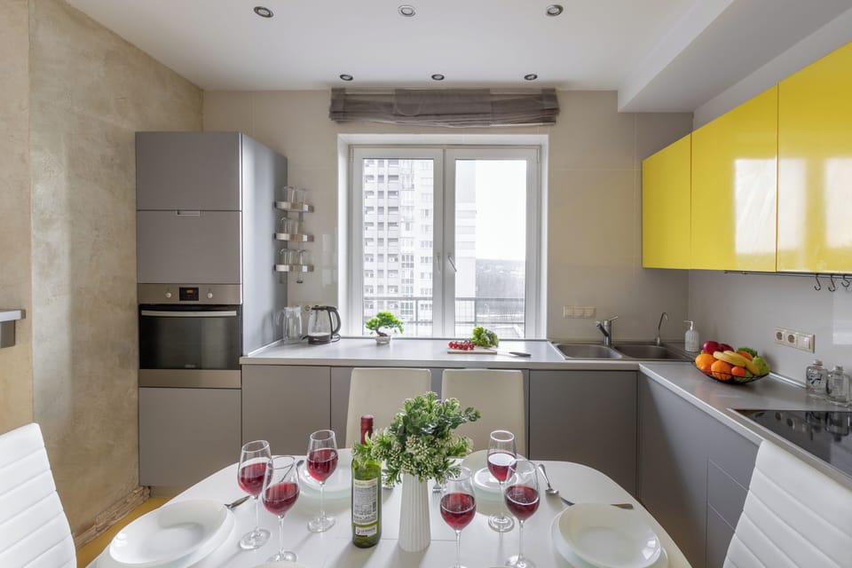 Comfort Apartment | Private kitchen | Full-size fridge, microwave, oven, stovetop