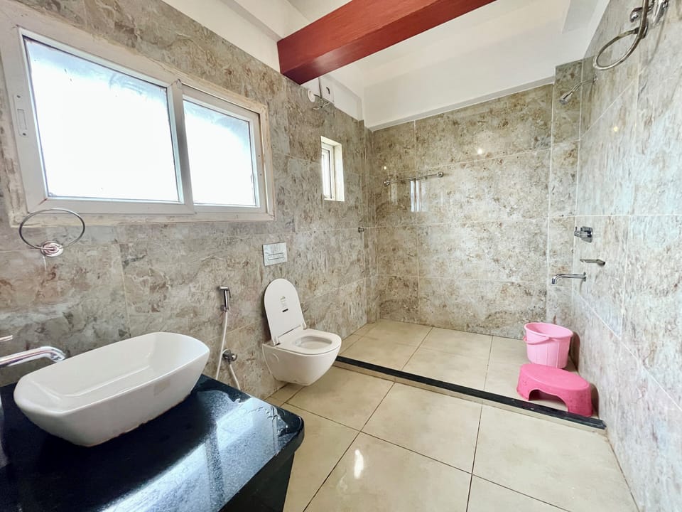 Shower, hydromassage showerhead, designer toiletries, bidet