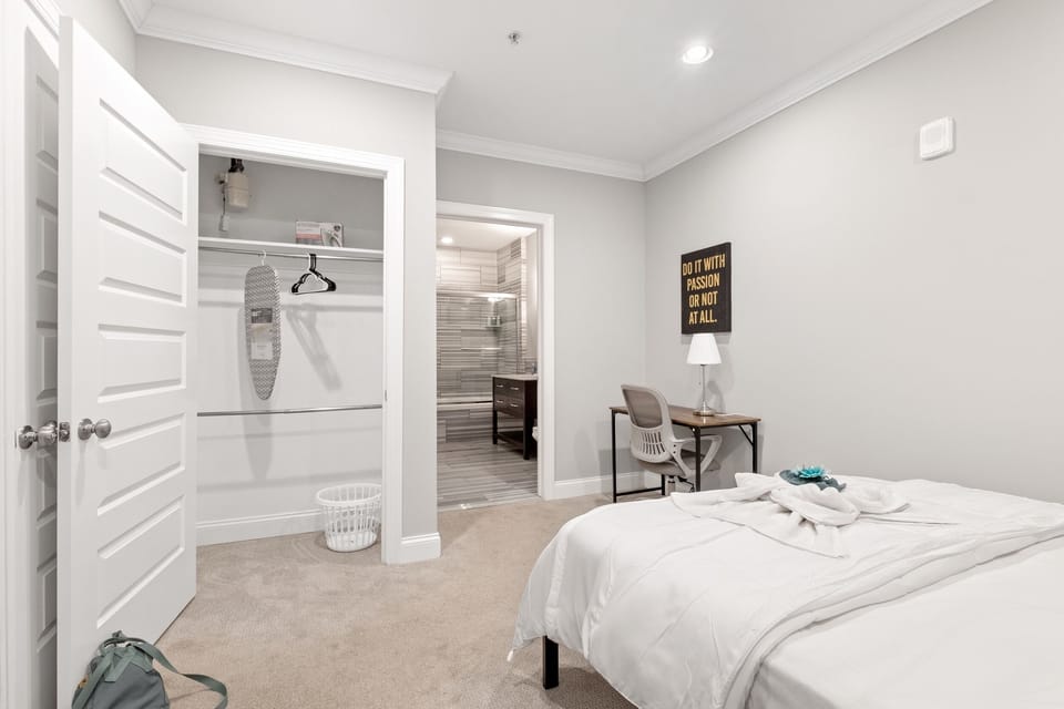 Bedroom with spacious built-in storage providing ample space to organize your belongings during extended stays.