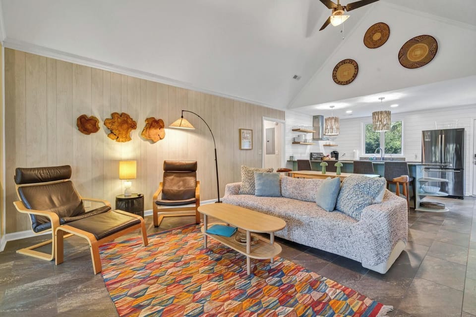 Chairs and sofa with washable dog cover.