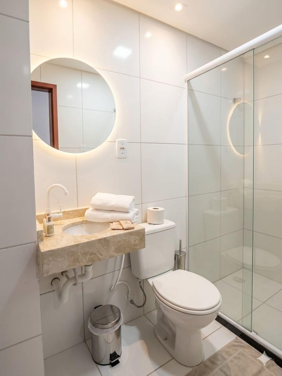 Shower, towels, toilet paper