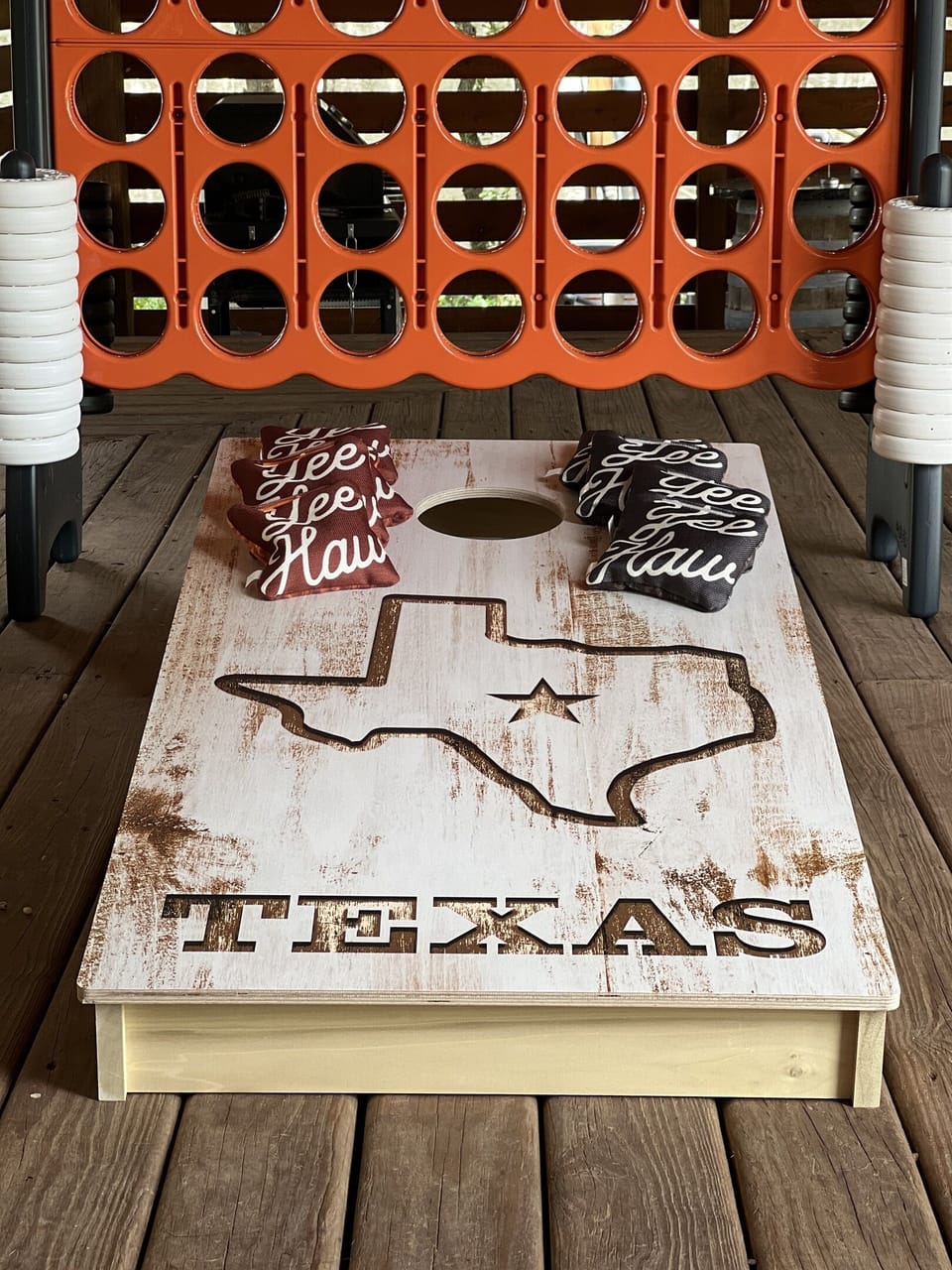 Everything is bigger in Texas. Enjoy the large Connect 4 and Corn Hole with your family and friends.
