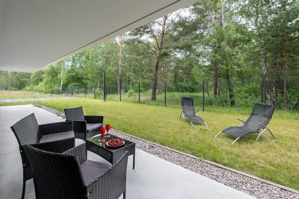 A covered terrace with outdoor chairs and a table overlooking green trees and lawn.