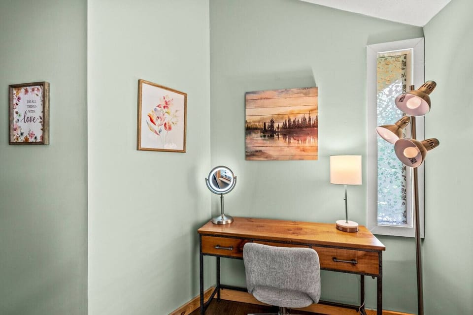 There is a private workstation in the bedroom that is the perfect setup to use for working remotely, checking E-mails, or as a reading nook.
